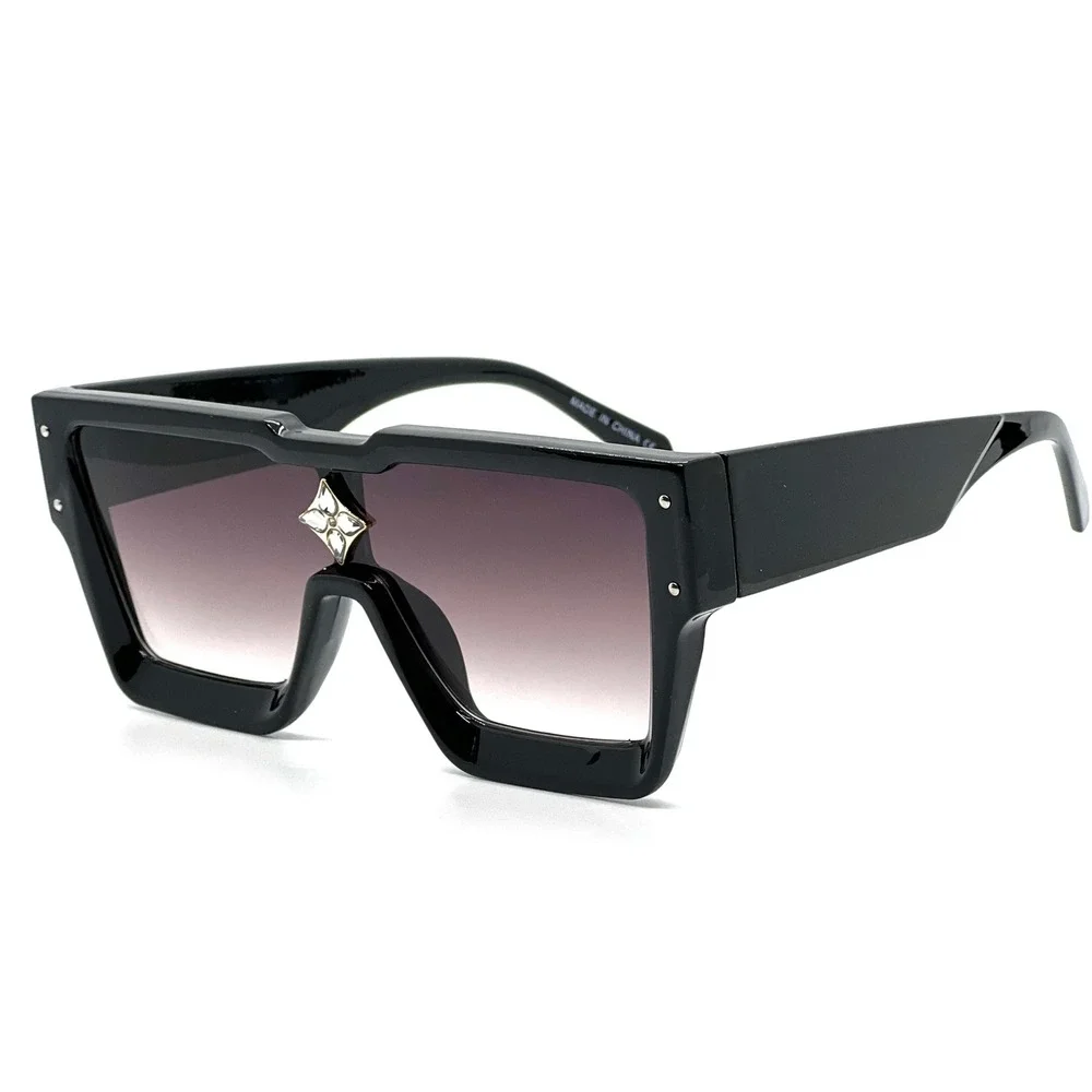 Square Sunglasses Women Men Flat Top Fashion Shades Star Accent Black Lens Gafas